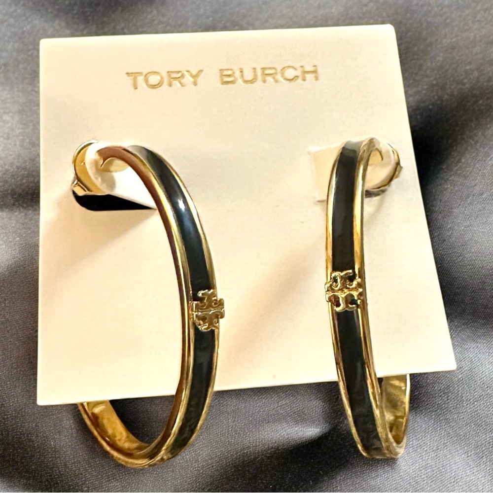 New Auth. Tory Burch Kira Gold and Black enamel hoop earrings on TB Earring Card